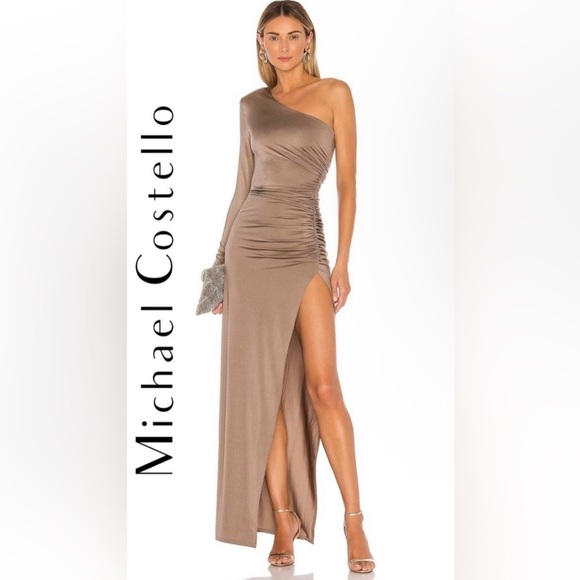 MICHAEL COSTELLO X REVOLVE GILLY DRESS TAUPE NUDE ONE SHOULDER L $248 - Picture 1 of 5